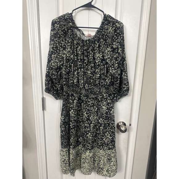 Knox Rose Dresses & Skirts - Knox Rose Black Green Floral Smocked Waist Midi Dress Womens Medium Boho Ruffle